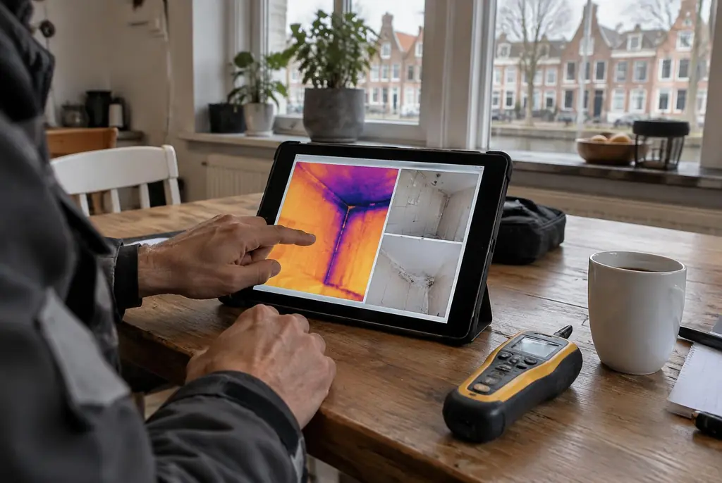 Lekdetectie Dalfsen – lekdetectierapport met warmtebeelden en foto's op een tablet