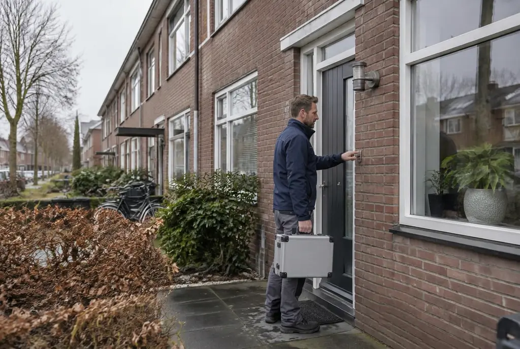 Lekdetectiespecialist met meetkoffer bij de voordeur van een woning in Dalfsen